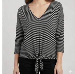Bordeaux Womens XS Black White Striped Top V Neck Tie Waist Rayon Spandex
